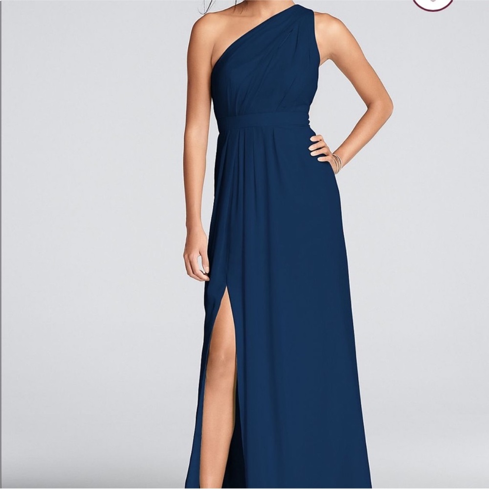 Elegant Navy Blue Marine Bridesmaid One-Shoulder Dress with Slit SIZE 6
